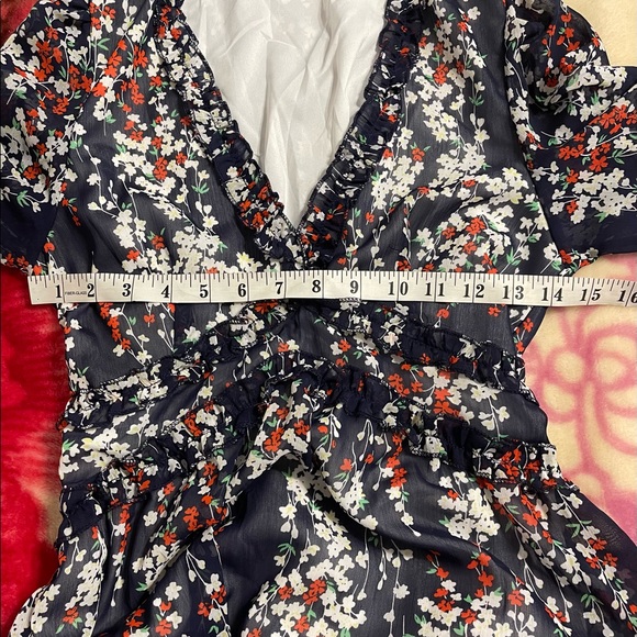 Welity Puff Sleeve V-Neck Ruffle Layer Swing Midi Dress for Women, Navy Blue | S - Picture 5 of 10